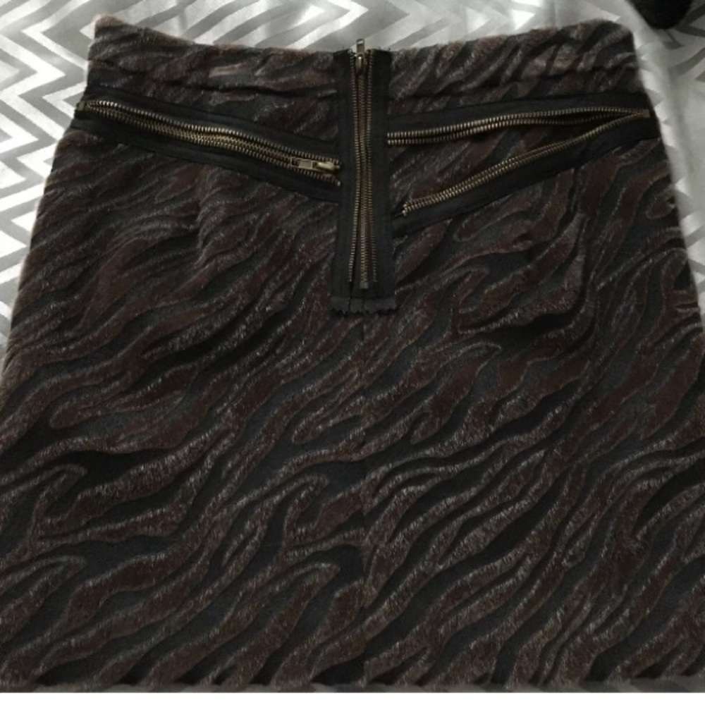 Brown Black Zebra Faux Fur Mini Skirt Exposed Zippers